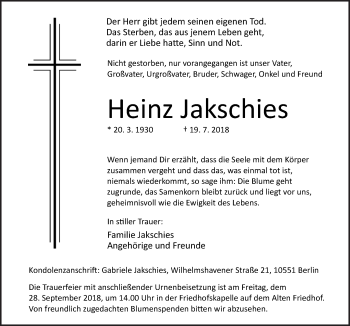 Traueranzeige von Heinz Jakschies von Neue Osnabrücker Zeitung GmbH & Co. KG