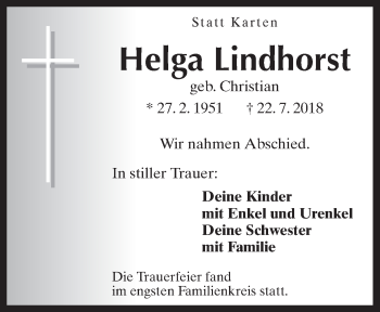 Traueranzeige von Helga Lindhorst von Neue Osnabrücker Zeitung GmbH & Co. KG