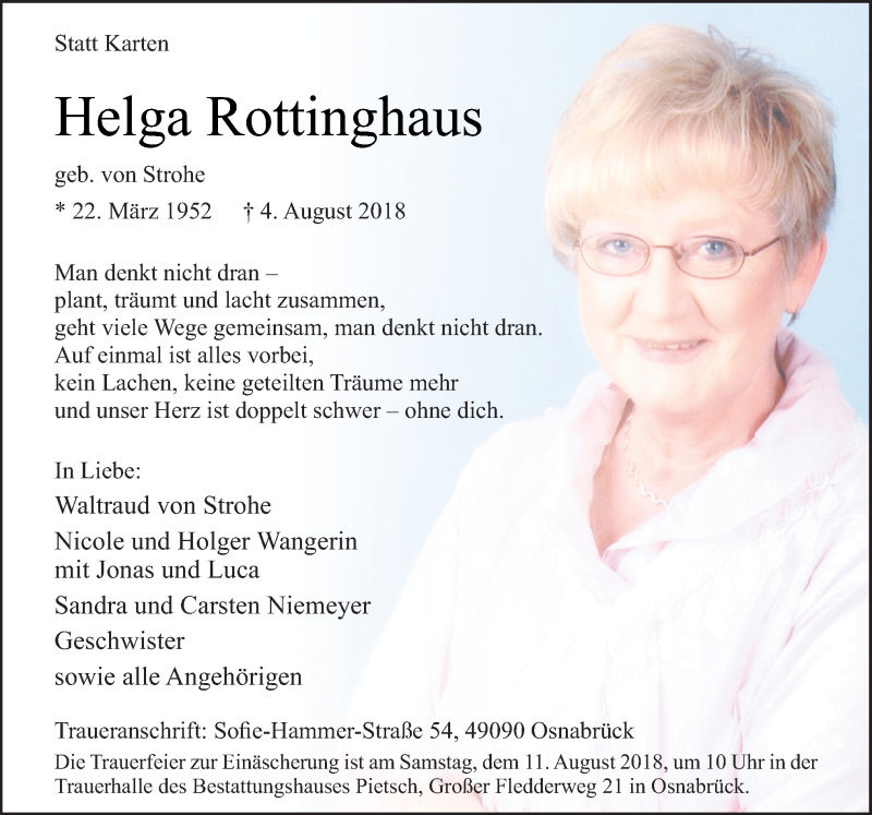  Traueranzeige für Helga Rottinghaus vom 07.08.2018 aus Neue Osnabrücker Zeitung GmbH & Co. KG