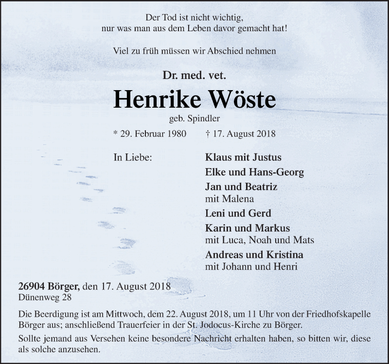  Traueranzeige für Henrike Wöste vom 20.08.2018 aus Neue Osnabrücker Zeitung GmbH & Co. KG