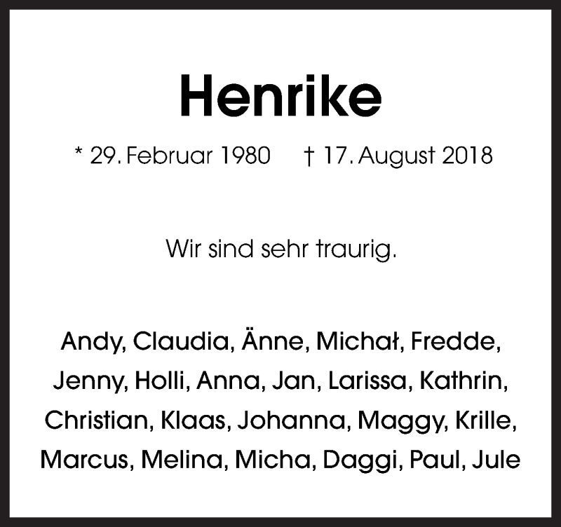  Traueranzeige für Henrike Wöste vom 20.08.2018 aus Neue Osnabrücker Zeitung GmbH & Co. KG