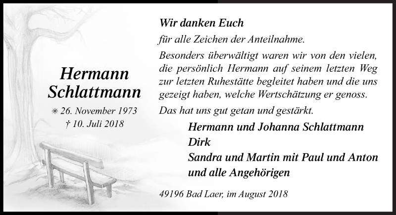  Traueranzeige für Hermann Schlattmann vom 25.08.2018 aus Neue Osnabrücker Zeitung GmbH & Co. KG