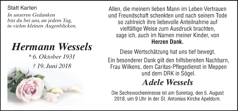  Traueranzeige für Hermann Wessels vom 02.08.2018 aus Neue Osnabrücker Zeitung GmbH & Co. KG