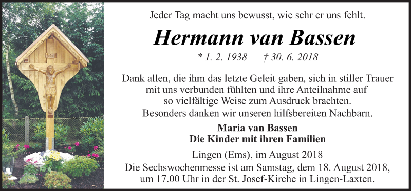  Traueranzeige für Hermann van Bassen vom 15.08.2018 aus Neue Osnabrücker Zeitung GmbH & Co. KG