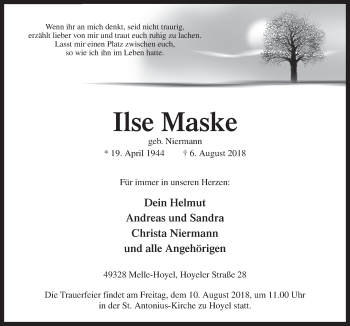 Traueranzeige von Ilse Maske von Neue Osnabrücker Zeitung GmbH & Co. KG