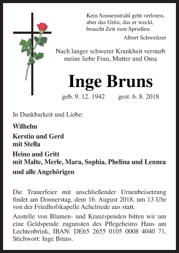 Traueranzeige von Inge Bruns von Neue Osnabrücker Zeitung GmbH & Co. KG
