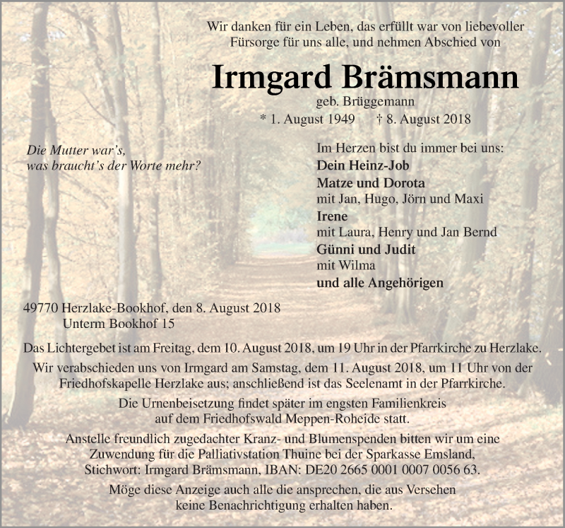  Traueranzeige für Irmgard Brämsmann vom 09.08.2018 aus Neue Osnabrücker Zeitung GmbH & Co. KG
