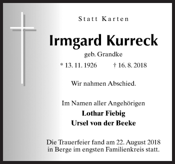 Traueranzeige von Irmgard Kurreck von Neue Osnabrücker Zeitung GmbH & Co. KG