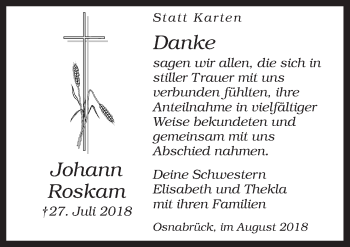 Traueranzeige von Johann Roskam von Neue Osnabrücker Zeitung GmbH & Co. KG