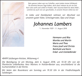 Traueranzeige von Johannes Lambers von Neue Osnabrücker Zeitung GmbH & Co. KG