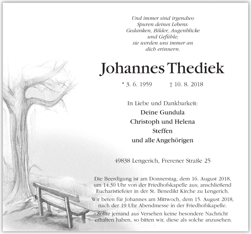  Traueranzeige für Johannes Thediek vom 13.08.2018 aus Neue Osnabrücker Zeitung GmbH & Co. KG