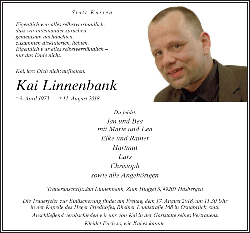  Traueranzeige für Kai Linnenbank vom 15.08.2018 aus Neue Osnabrücker Zeitung GmbH & Co. KG