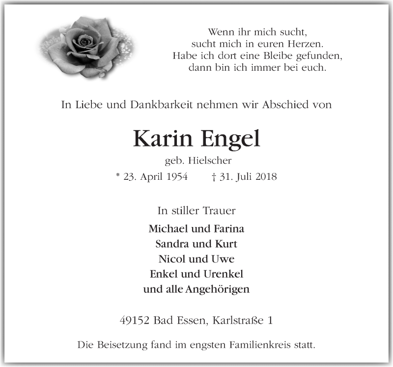  Traueranzeige für Karin Engel vom 16.08.2018 aus Neue Osnabrücker Zeitung GmbH & Co. KG