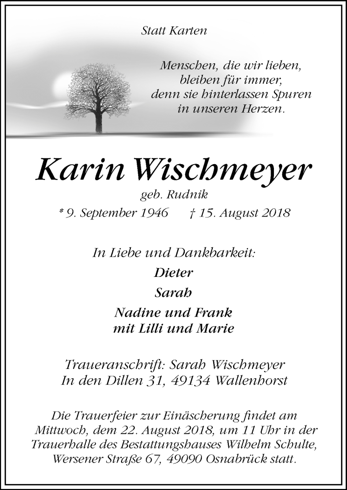  Traueranzeige für Karin Wischmeyer vom 18.08.2018 aus Neue Osnabrücker Zeitung GmbH & Co. KG