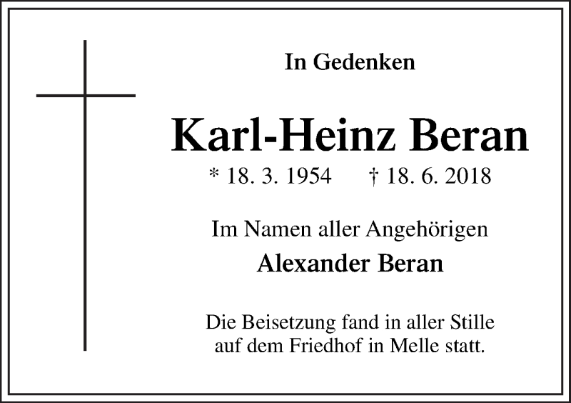  Traueranzeige für Karl-Heinz Beran vom 11.08.2018 aus Neue Osnabrücker Zeitung GmbH & Co. KG