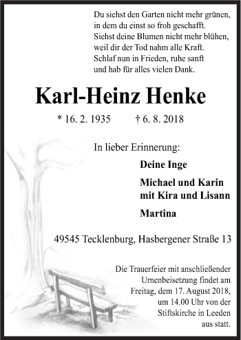 Traueranzeige von Karl-Heinz Henke von Neue Osnabrücker Zeitung GmbH & Co. KG