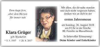 Traueranzeige von Klara Grüger von Neue Osnabrücker Zeitung GmbH & Co. KG