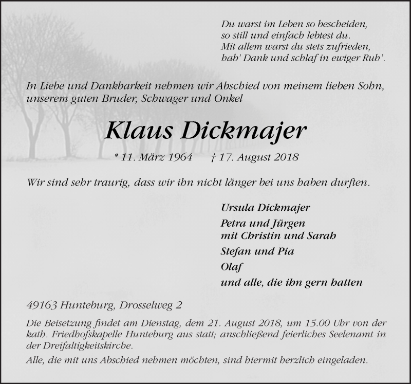  Traueranzeige für Klaus Dickmajer vom 18.08.2018 aus Neue Osnabrücker Zeitung GmbH & Co. KG