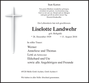 Traueranzeige von Liselotte Landwehr von Neue Osnabrücker Zeitung GmbH & Co. KG