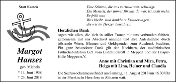 Traueranzeige von Margot Hanses von Neue Osnabrücker Zeitung GmbH & Co. KG