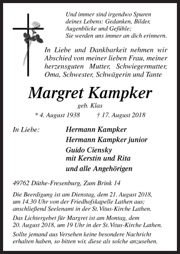 Traueranzeige von Margret Kampker von Neue Osnabrücker Zeitung GmbH & Co. KG