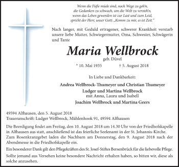 Traueranzeige von Maria Well-brock von Neue Osnabrücker Zeitung GmbH & Co. KG