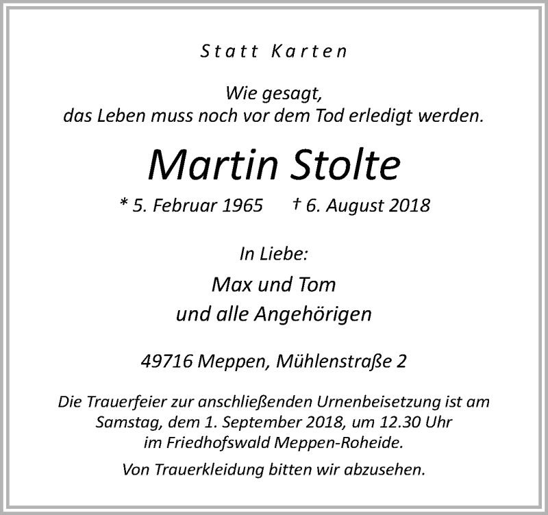  Traueranzeige für Martin Stolte vom 25.08.2018 aus Neue Osnabrücker Zeitung GmbH & Co. KG