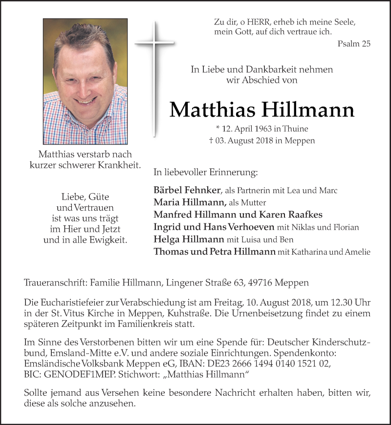  Traueranzeige für Matthias Hillmann vom 07.08.2018 aus Neue Osnabrücker Zeitung GmbH & Co. KG