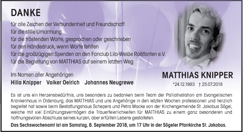  Traueranzeige für Matthias Knipper vom 25.08.2018 aus Neue Osnabrücker Zeitung GmbH & Co. KG