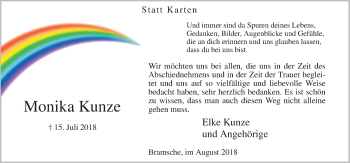 Traueranzeige von Monika Kunze von Neue Osnabrücker Zeitung GmbH & Co. KG