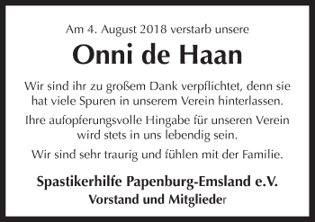 Traueranzeige von Onni de Haan von Neue Osnabrücker Zeitung GmbH & Co. KG