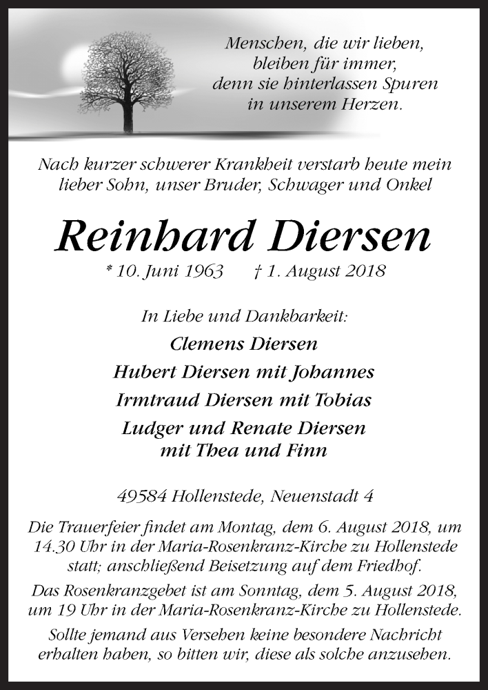  Traueranzeige für Reinhard Diersen vom 04.08.2018 aus Neue Osnabrücker Zeitung GmbH & Co. KG