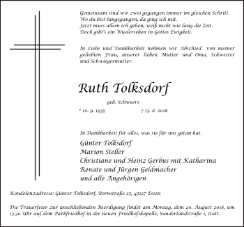 Traueranzeige von Ruth Tolksdorf von Neue Osnabrücker Zeitung GmbH & Co. KG