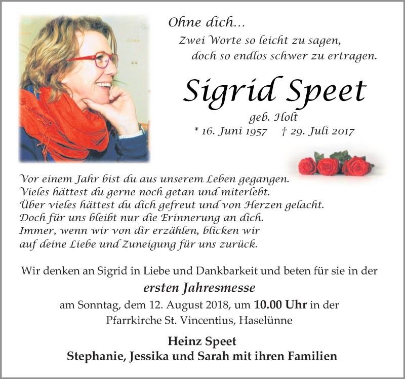  Traueranzeige für Sigrid Speet vom 08.08.2018 aus Neue Osnabrücker Zeitung GmbH & Co. KG