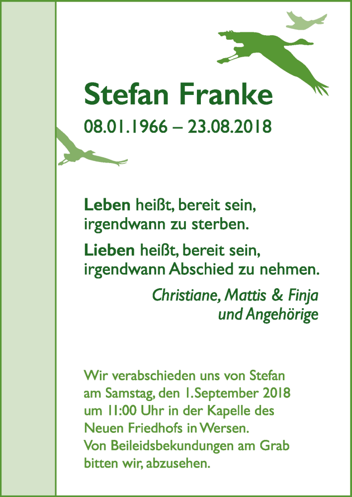  Traueranzeige für Stefan Franke vom 29.08.2018 aus Neue Osnabrücker Zeitung GmbH & Co. KG