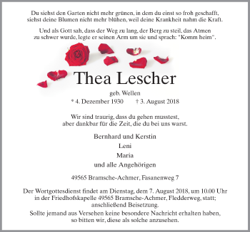 Traueranzeige von Thea Lescher von Neue Osnabrücker Zeitung GmbH & Co. KG