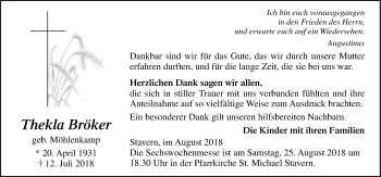 Traueranzeige von Thekla Bröker von Neue Osnabrücker Zeitung GmbH & Co. KG