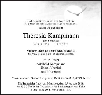 Traueranzeige von Theresia Kampmann von Neue Osnabrücker Zeitung GmbH & Co. KG