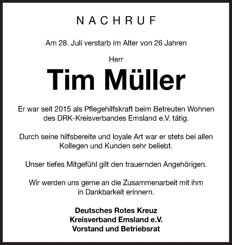  Traueranzeige für Tim Müller vom 03.08.2018 aus Neue Osnabrücker Zeitung GmbH & Co. KG