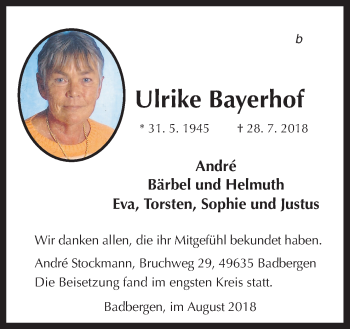 Traueranzeige von Ulrike Bayerhof von Neue Osnabrücker Zeitung GmbH & Co. KG