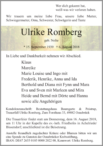 Traueranzeige von Ulrike Romberg von Neue Osnabrücker Zeitung GmbH & Co. KG