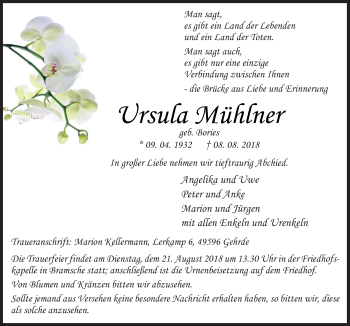 Traueranzeige von Ursula Mühlner von Neue Osnabrücker Zeitung GmbH & Co. KG