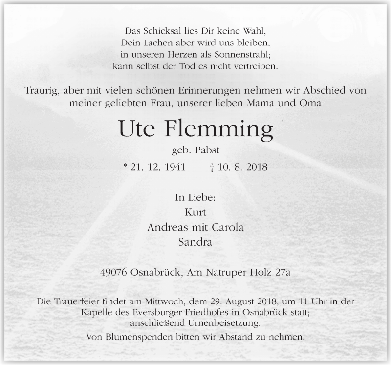  Traueranzeige für Ute Flemming vom 18.08.2018 aus Neue Osnabrücker Zeitung GmbH & Co. KG