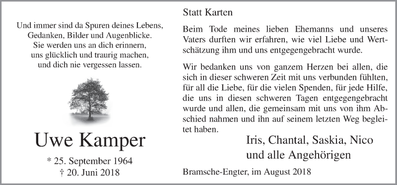 Traueranzeige für Uwe Kamper vom 11.08.2018 aus Neue Osnabrücker Zeitung GmbH & Co. KG