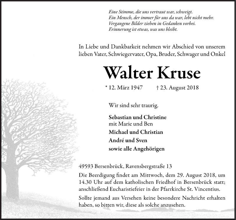  Traueranzeige für Walter Kruse vom 25.08.2018 aus Neue Osnabrücker Zeitung GmbH & Co. KG