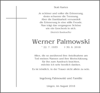 Traueranzeige von Werner Palmowski von Neue Osnabrücker Zeitung GmbH & Co. KG