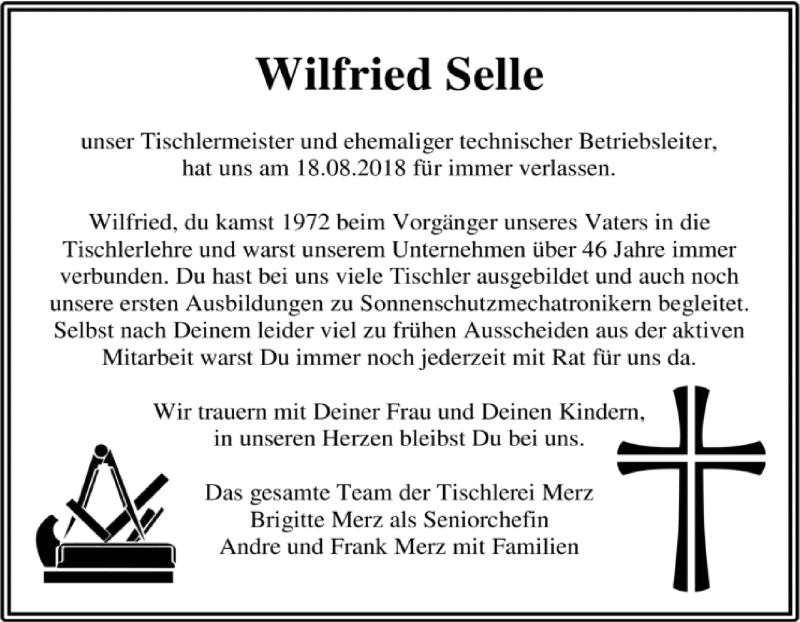  Traueranzeige für Wilfried Selle vom 21.08.2018 aus Neue Osnabrücker Zeitung GmbH & Co. KG