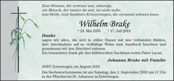 Traueranzeige von Wilhelm Brake von Neue Osnabrücker Zeitung GmbH & Co. KG