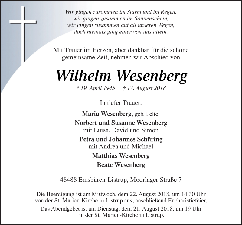  Traueranzeige für Wilhelm Wesenberg vom 20.08.2018 aus Neue Osnabrücker Zeitung GmbH & Co. KG