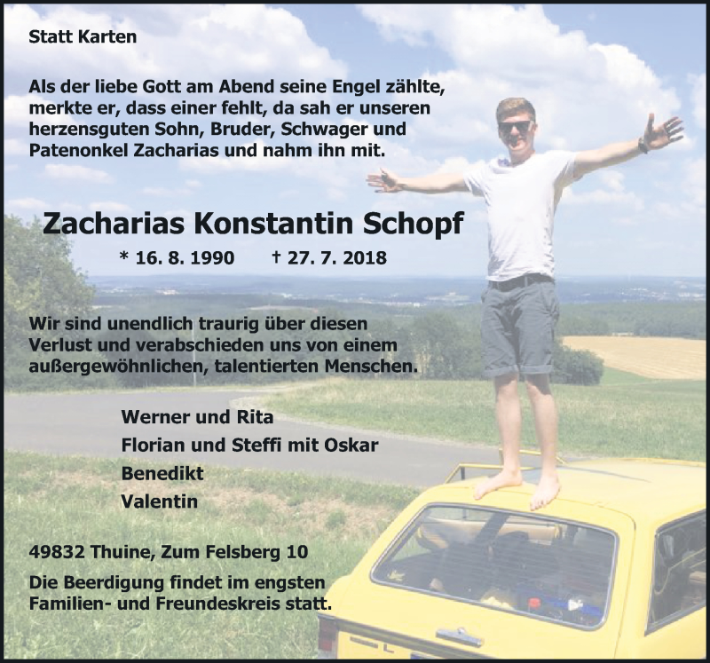  Traueranzeige für Zacharias Konstantin Schopf vom 09.08.2018 aus Neue Osnabrücker Zeitung GmbH & Co. KG